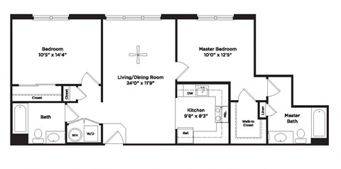 Floor plan for 2 beds, 2 baths, 939 sqft